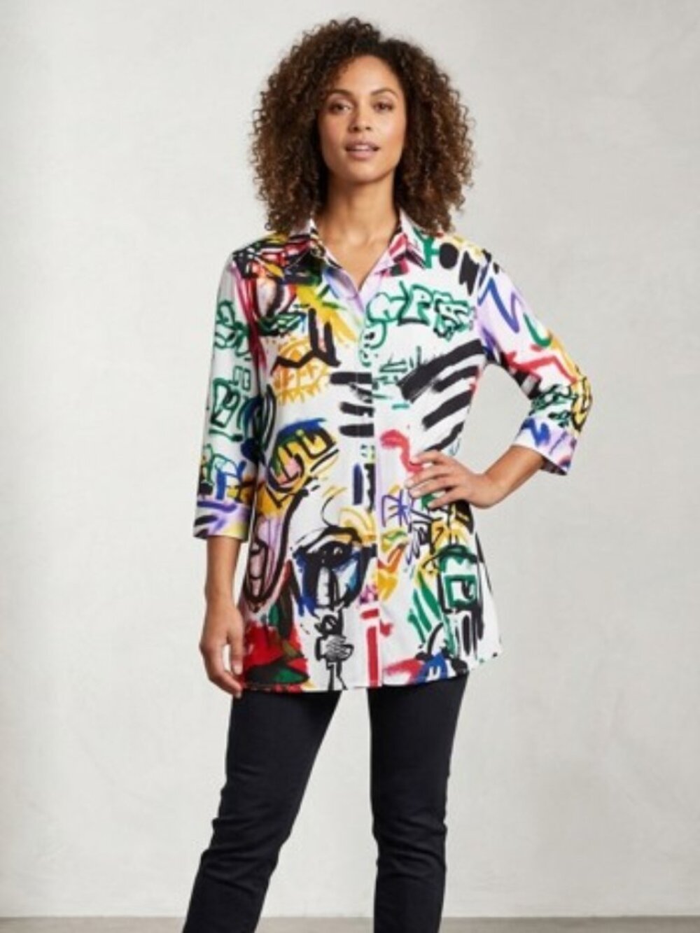 Ali Miles Top Womens XL Wire Collared 3/4 Sleeve Button From Artsy Art To Wear